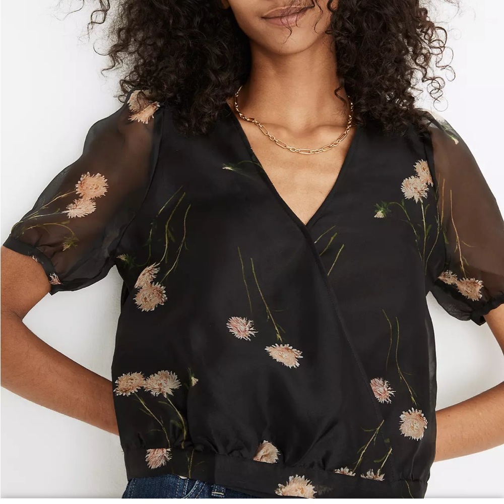 Madewell Silk Organza Puff-Sleeve Wrap Top in Aster Portrait
